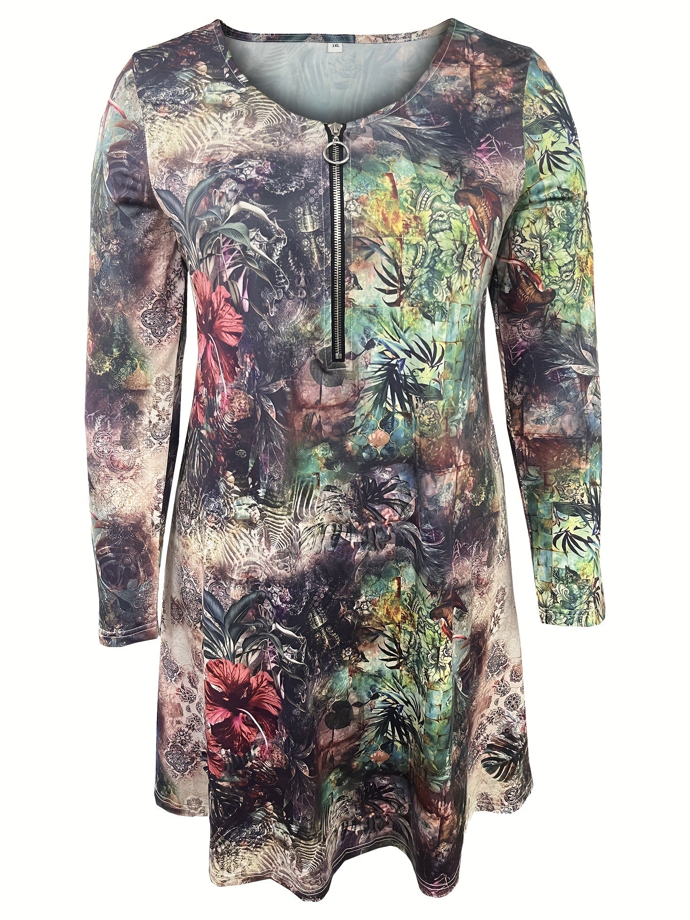 Paisley Print Long Sleeve Half Zipper Boho Dress