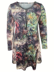 Paisley Print Long Sleeve Half Zipper Boho Dress
