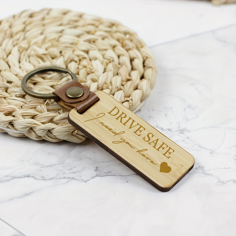 Bamboo Keychain PU Leather Keyring Pendant Family Gift