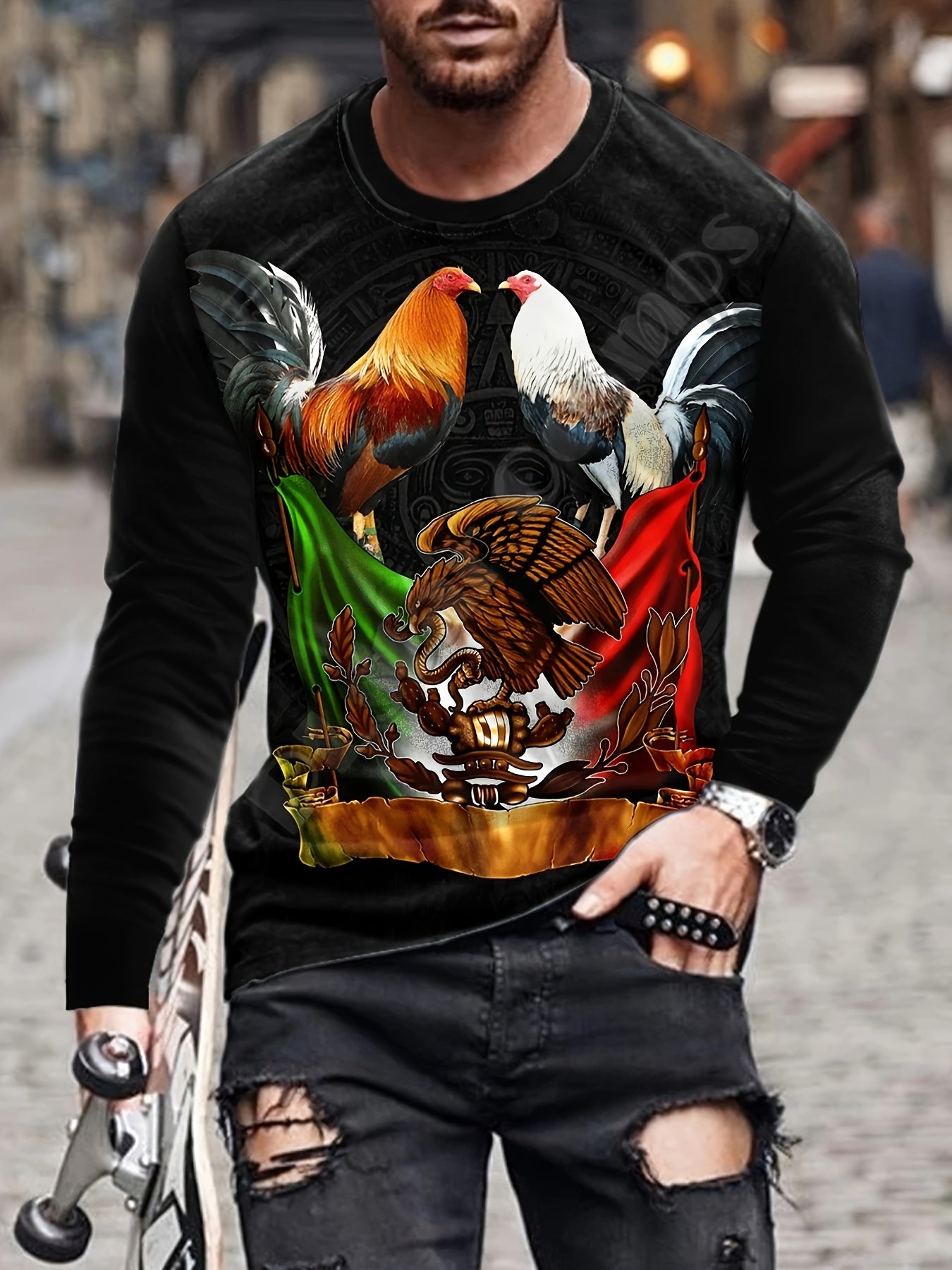 Rooster And Eagle Print Men's Long Sleeve T-shirt for Autumn