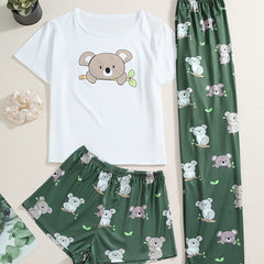 Koala Print Pajamas Set Short Sleeve Top & Shorts & Pants