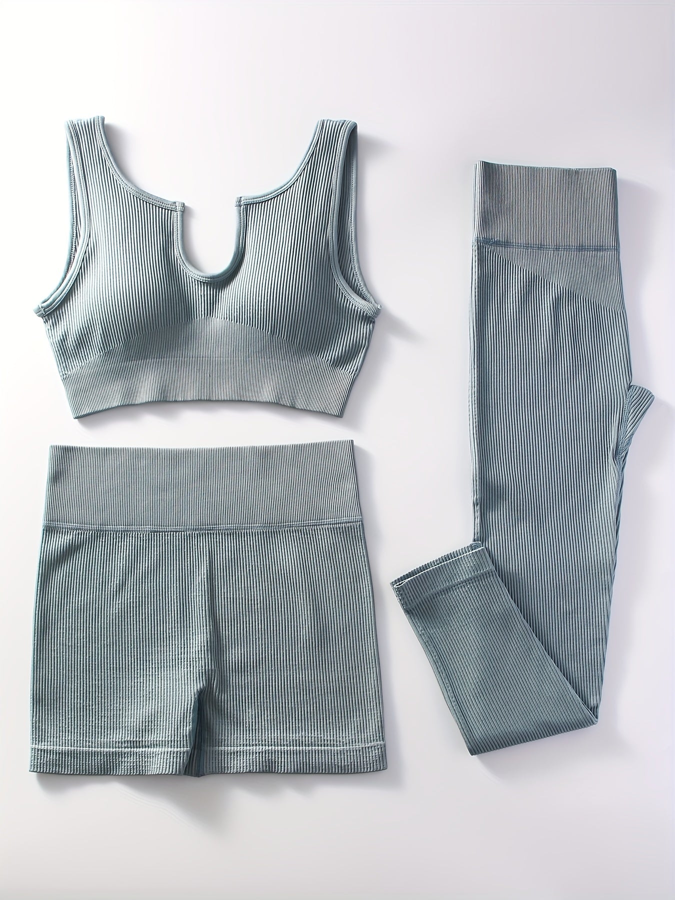 Ribbed Yoga Workout Set Sports Bra, Shorts, Leggings