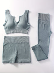Ribbed Yoga Workout Set Sports Bra, Shorts, Leggings