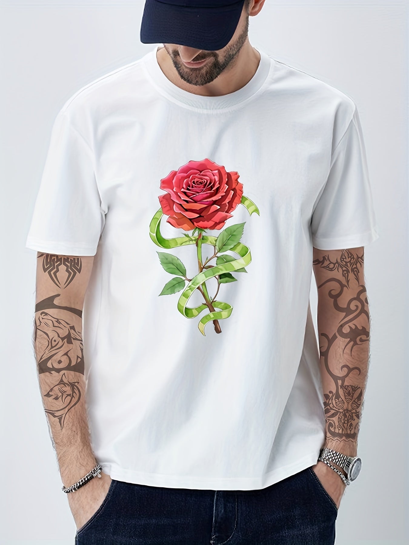 Cotton Rose Print Men's Graphic Crew Neck T shirt Casual Comfy Tees