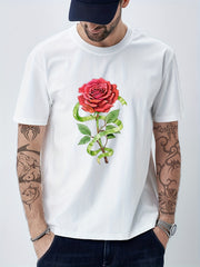 Cotton Rose Print Men's Graphic Crew Neck T shirt Casual Comfy Tees