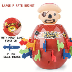 Kids Pirate Barrel Prank Toy Piggy Bank Wooden Barrel Sword Insert Spoof Game