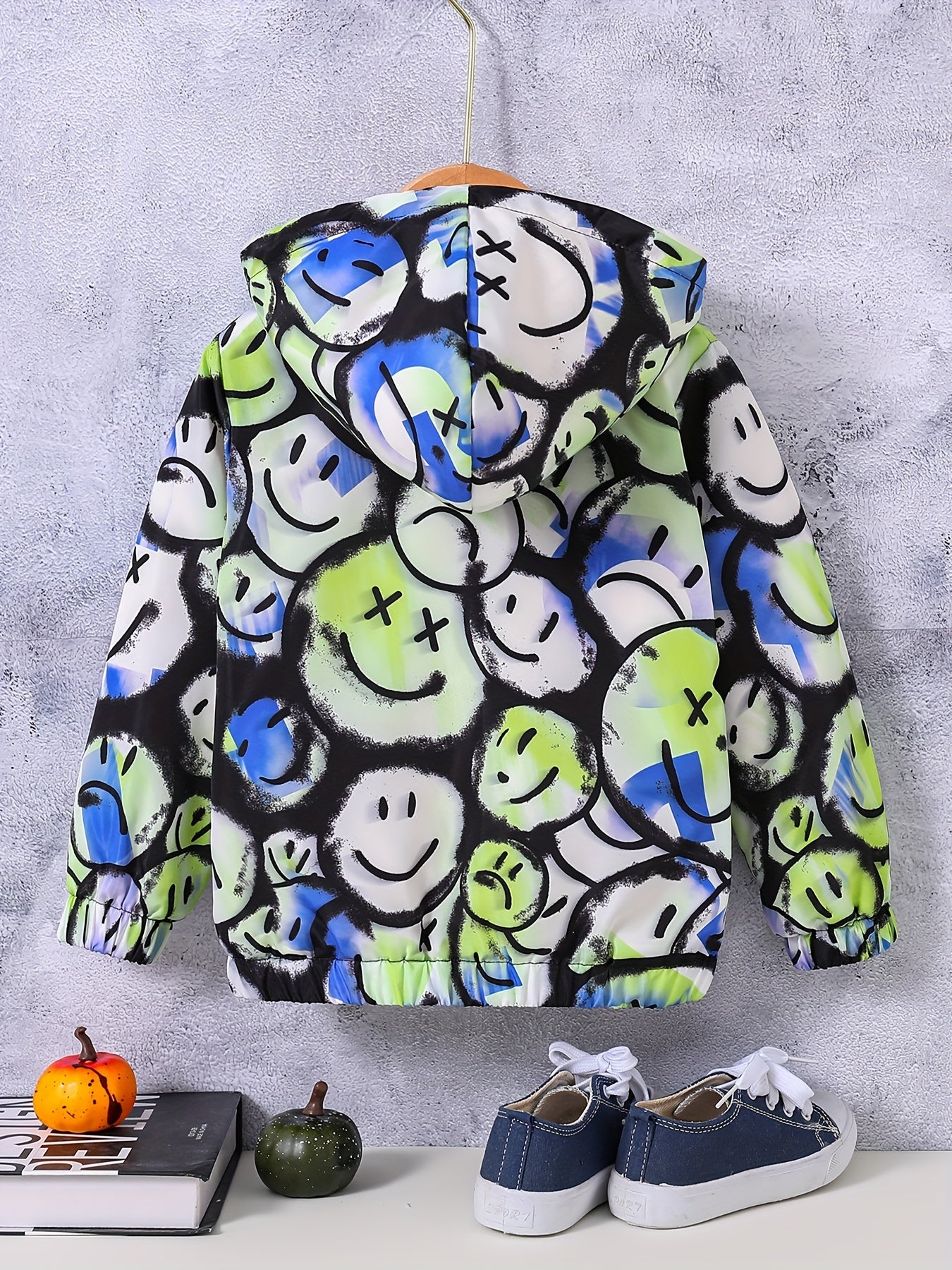 Boy's Tie Dye Happy Face Allover Print Hooded Fleece Jacket Zip Up Coat