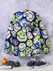 Boy's Tie Dye Happy Face Allover Print Hooded Fleece Jacket Zip Up Coat