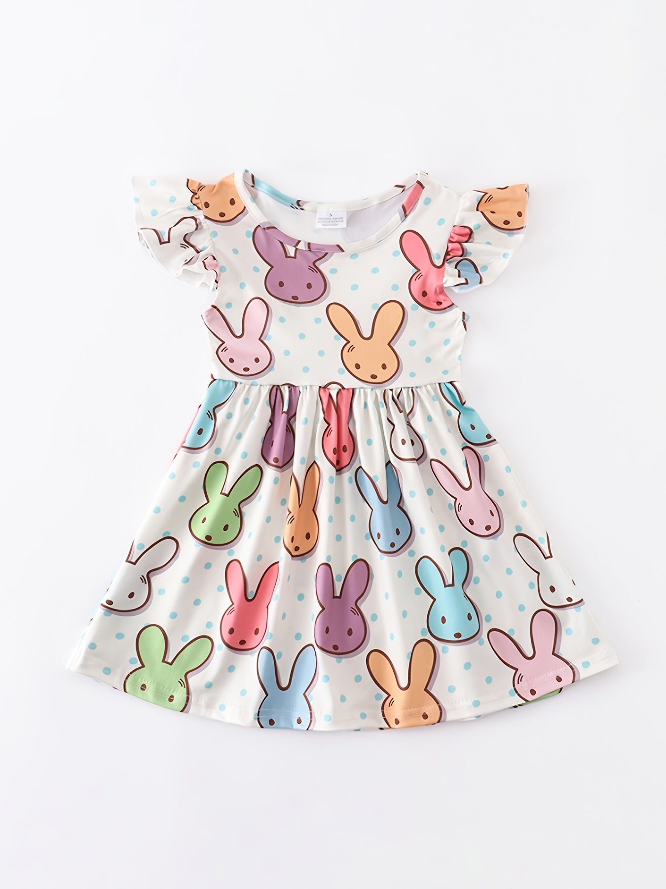 Baby Girls Short Sleeve Ruffles Round Neck Easter Bunny Print Dress