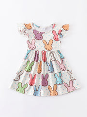 Baby Girls Short Sleeve Ruffles Round Neck Easter Bunny Print Dress