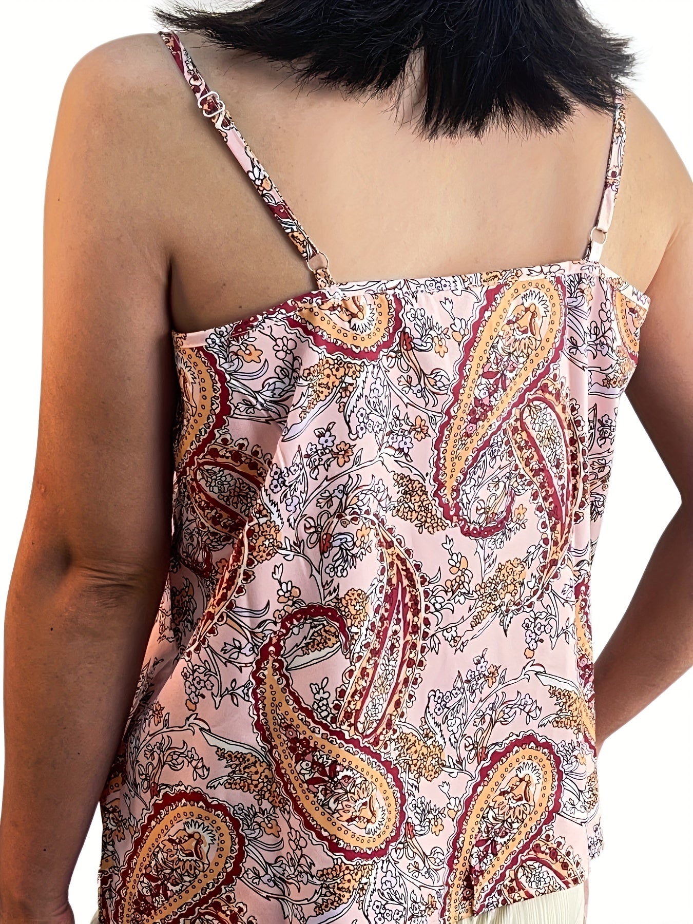 Boho Paisley Print Ruffle Trim Cami Top Summer Sleeveless Top