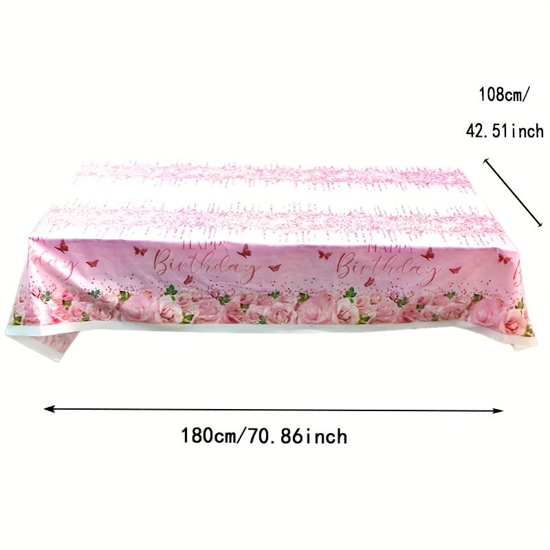 Pink Rose Flower Butterfly Tablecloth for Birthday Wedding Party