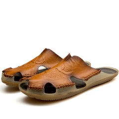 SENBURNY Men's Leather Closed Toe Slides Soft Slippers Anti-Skid Sandals