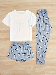 Cartoon Panda Print 3 Pc Loungewear Set Women's Plus