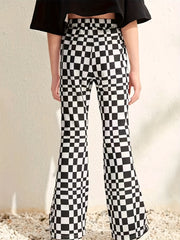 Girl's Plaid High Waisted Flare Leg Pants Stretch Bell Bottom