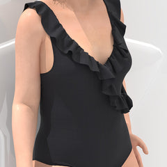 Solid V Neck Ruffle Trim One Piece Bathing Suit