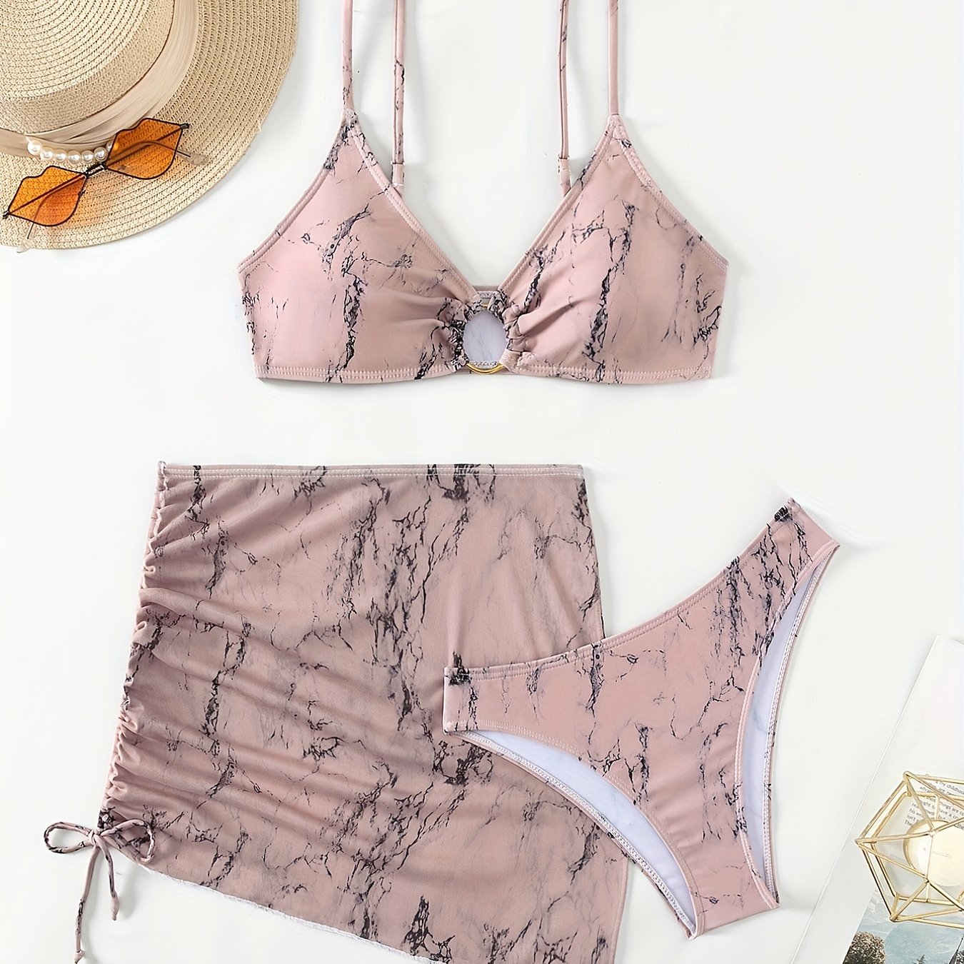 Rock Marks Print Ring Centre Core Bikini Set With Sheer Cover Up