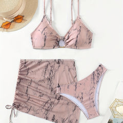 Rock Marks Print Ring Centre Core Bikini Set With Sheer Cover Up