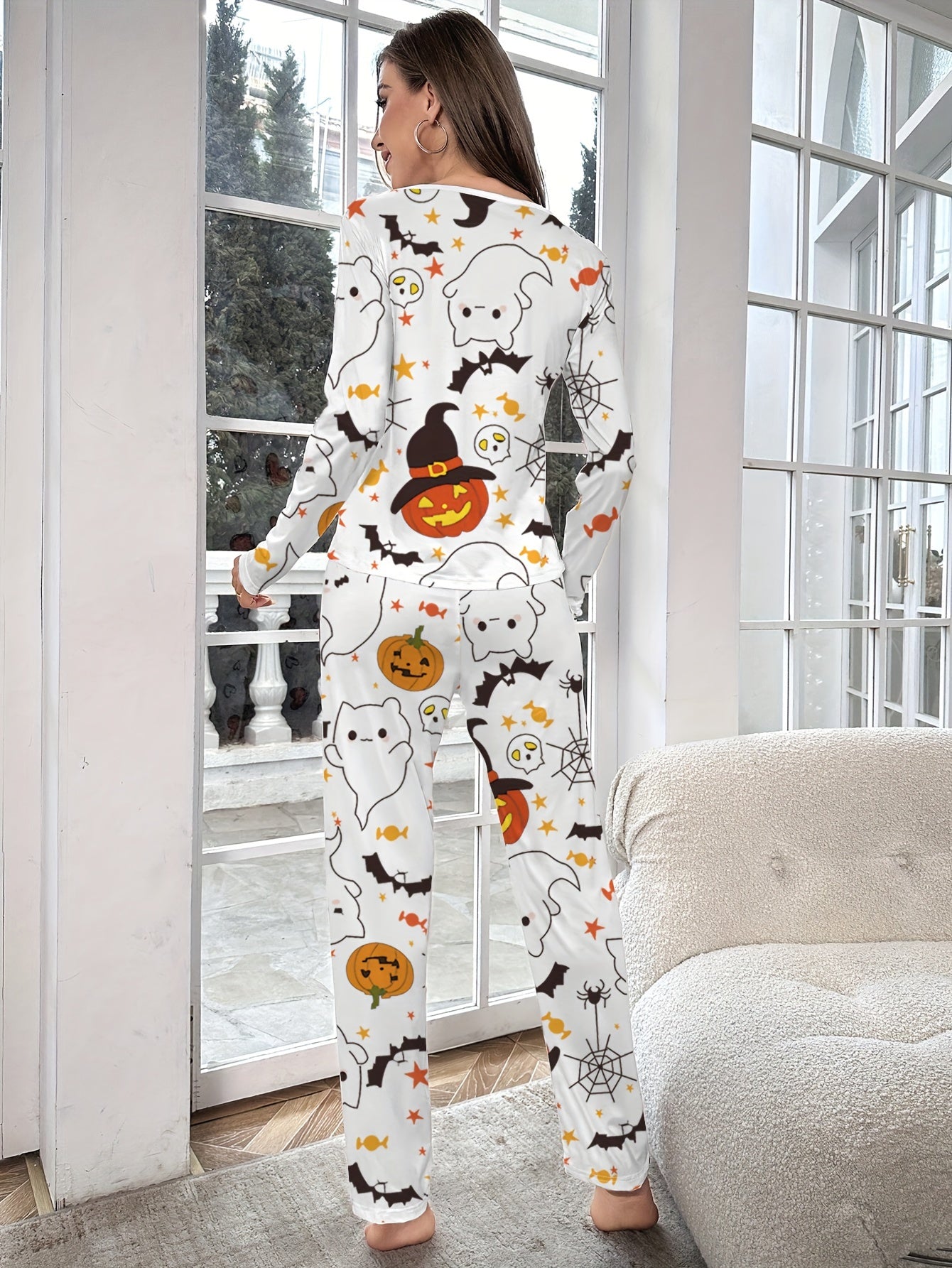 Halloween Pumpkin Print Pajama Set Long Sleeve Crew Neck Top & Pants Sleepwear