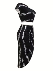 Striped Print Two piece Set Ruched Bag Hip Skirts Outfits