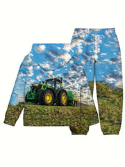 Boy's 3D Green Tractor Hoodie & Pants Set For Fall Winter