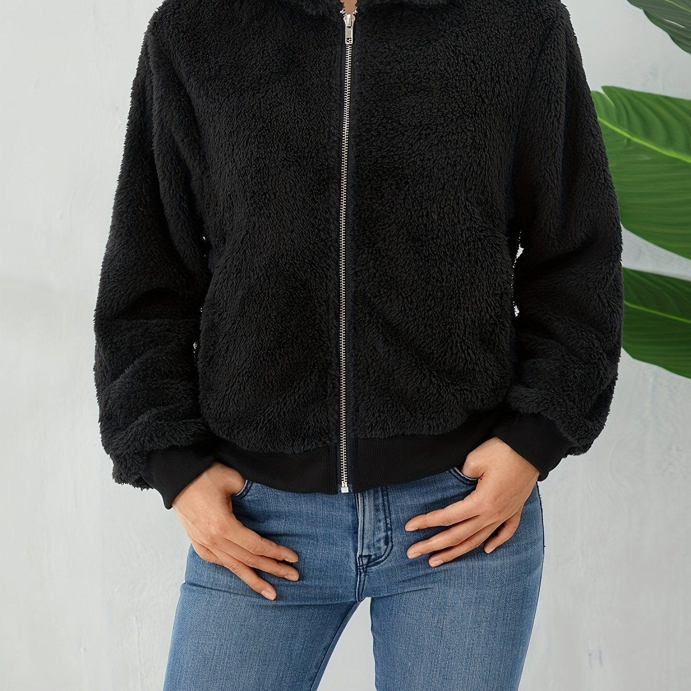 Zip Up Teddy Jacket Solid Casual Long Sleeve Collared Outerwear