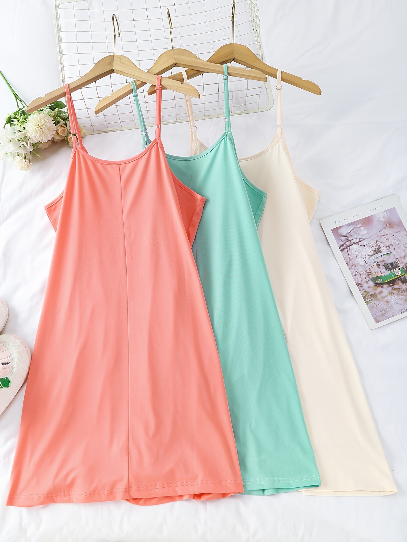 Plus Size Cami Sleep Dress 3-Pack, Round Neck Nightdress Set