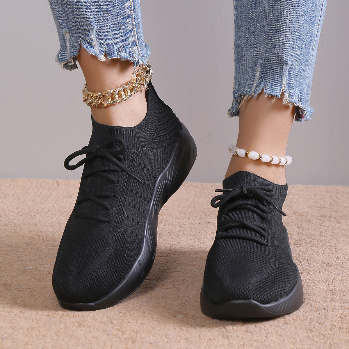 Women's Platform Knit Sneakers Lace Up Running Shoes Lightweight Sports Shoes