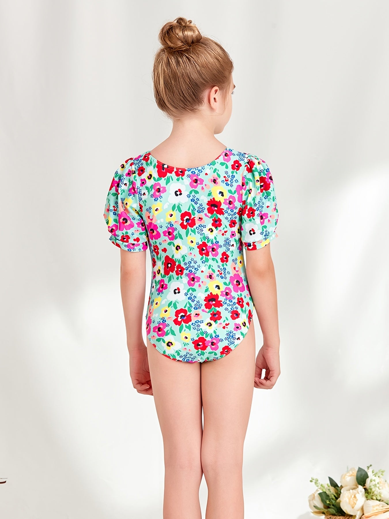 Girls Short Puff Sleeve Flowers Swimsuit Kids Beach Clothes Bathing Suits