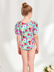Girls Short Puff Sleeve Flowers Swimsuit Kids Beach Clothes Bathing Suits