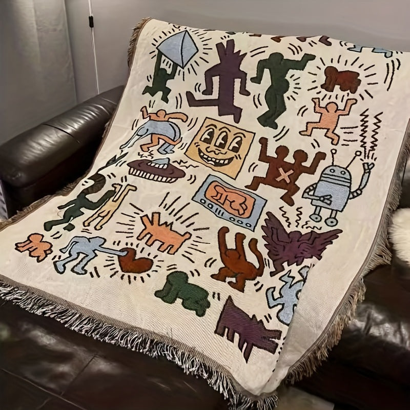 Graffiti Tassel Retro Blanket Outdoor Camping Decorative Blanket Throw Blanket
