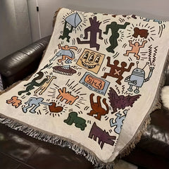 Graffiti Tassel Retro Blanket Outdoor Camping Decorative Blanket Throw Blanket