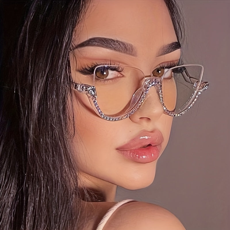 Cat Eye Clear Lens Glasses Rhinestone Decor Semi Rimless Party Glasses