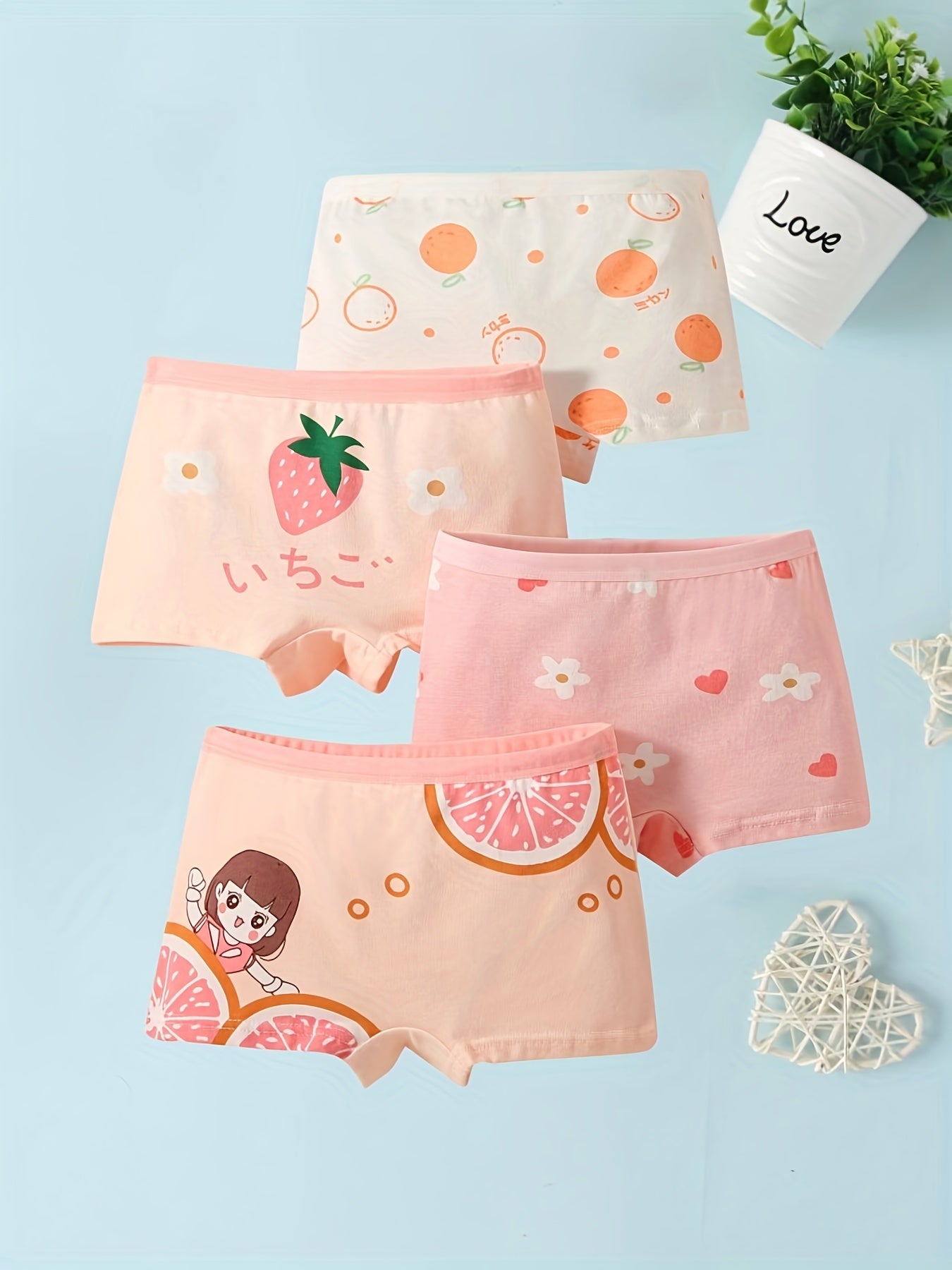 4pcs Girls Boxer Briefs Plaid Strawberry Print Underwear Kids Clothes