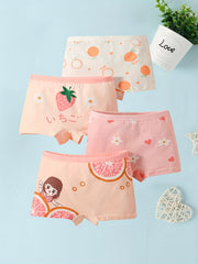 4pcs Girls Boxer Briefs Plaid Strawberry Print Underwear Kids Clothes