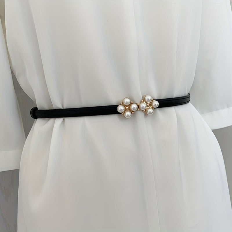 Girls Faux Pearl Leaf Buckle Belt for Pants Jeans Skirt