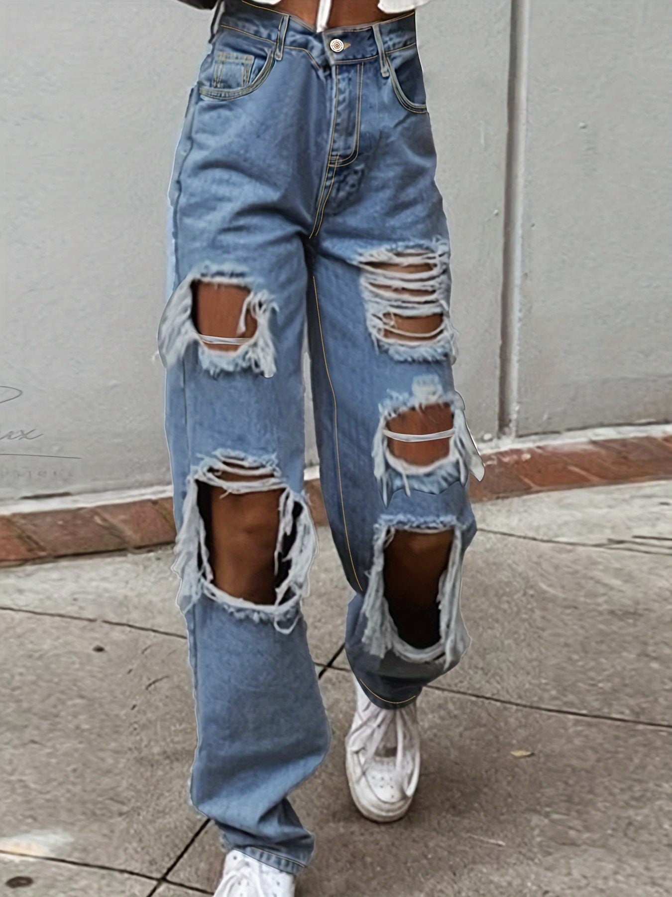 Ripped High Waisted Wide Leg Jeans