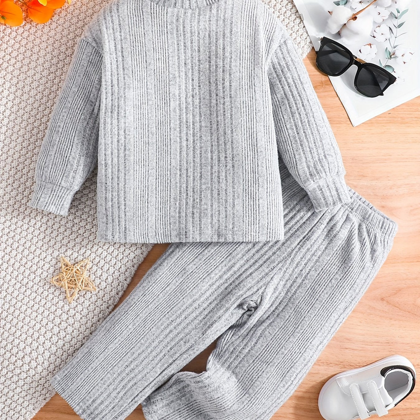 Boy's Ribbed Long Sleeve Top & Pants Set Soft Casual Outfits