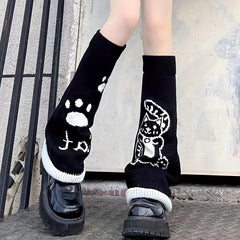 Heart & Skull Pattern Knit Leg Warmers Colorblock Knee High Socks