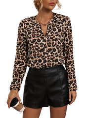 Leopard Print Notched Neck Button Bodysuit Long Sleeve