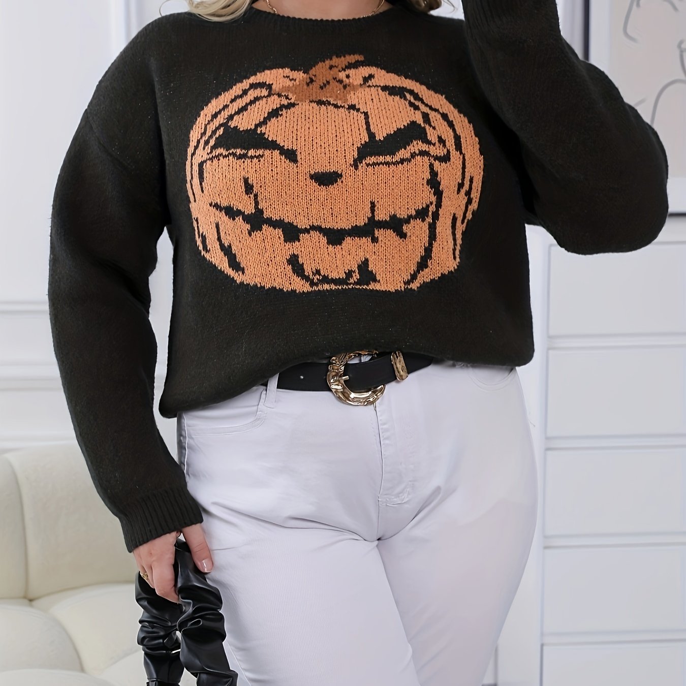 Women's Plus Pumpkin Print Long Sleeve Sweater