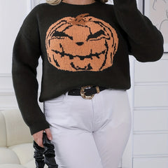 Women's Plus Pumpkin Print Long Sleeve Sweater
