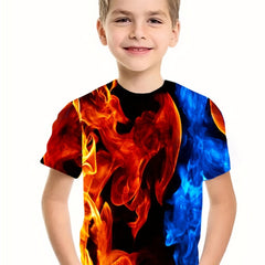 Boy's 3D Flame Graphic T-shirt Casual Breathable Tee for Summer