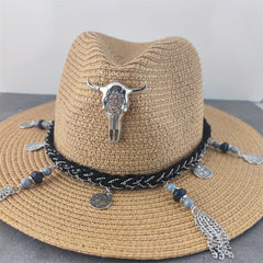 Bohemian Men's Sun Hat with Cow Head Pendant