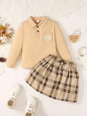 Girl's Preppy Style Polo Shirt & Plaid Skirt Set for Spring Autumn