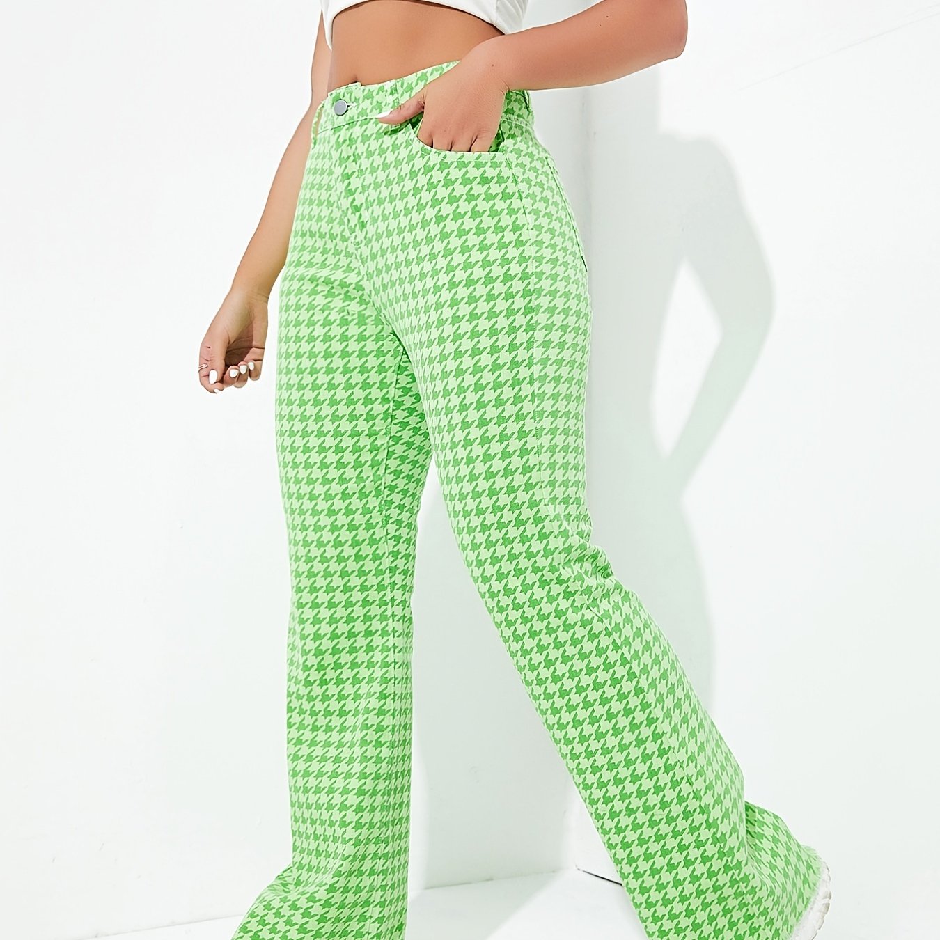 Green Houndstooth Bell Bottom Slim Fit High Waist Y2K Trousers Pants