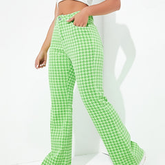Green Houndstooth Bell Bottom Slim Fit High Waist Y2K Trousers Pants