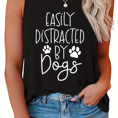 Women's Tank Top Slogan & Paws Print Round Neck Tank Top