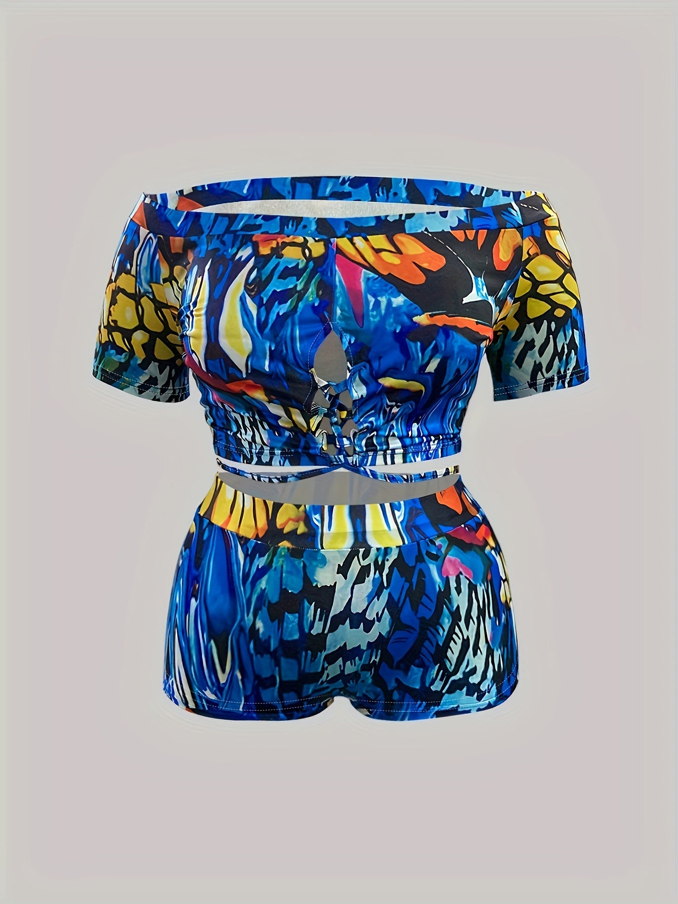 Colorful Painting Print Off Shoulder Criss Cross Swimsuit Set