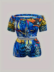 Colorful Painting Print Off Shoulder Criss Cross Swimsuit Set